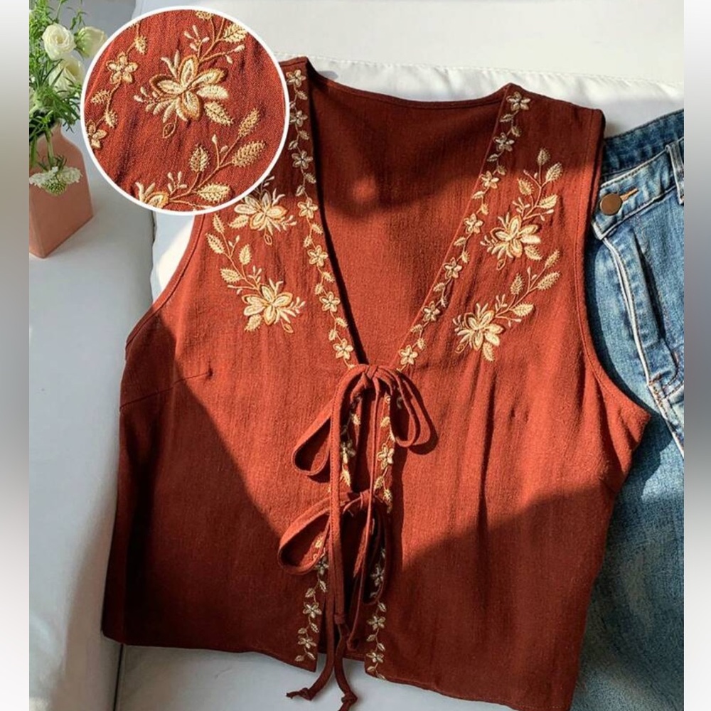Rust Floral Tie Boho vest top